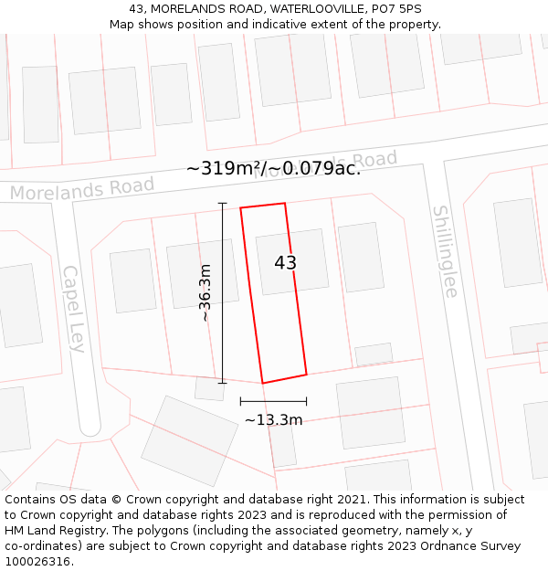 43, MORELANDS ROAD, WATERLOOVILLE, PO7 5PS: Plot and title map