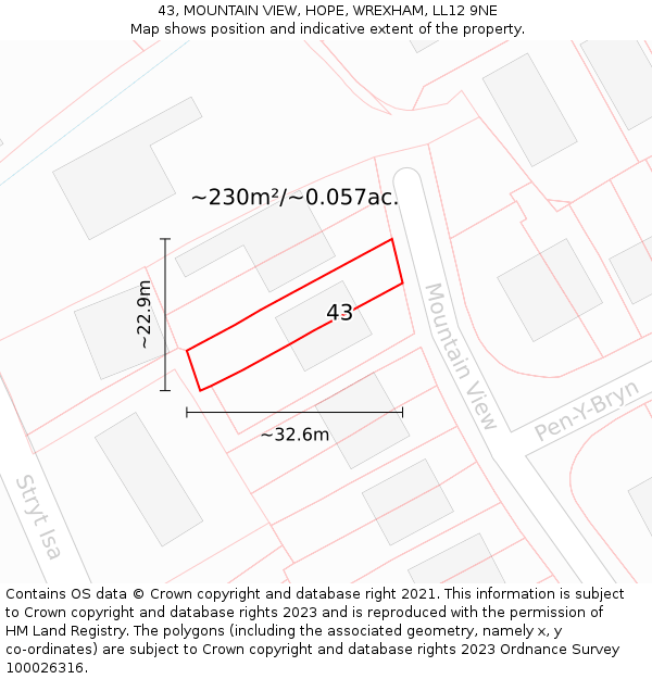 43, MOUNTAIN VIEW, HOPE, WREXHAM, LL12 9NE: Plot and title map