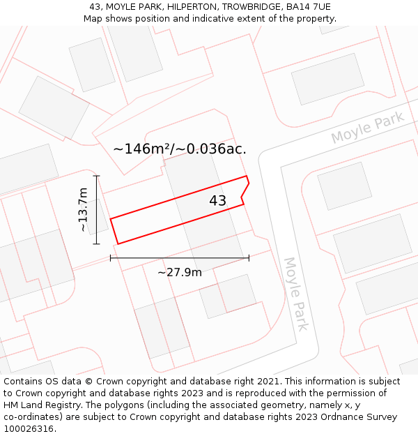 43, MOYLE PARK, HILPERTON, TROWBRIDGE, BA14 7UE: Plot and title map