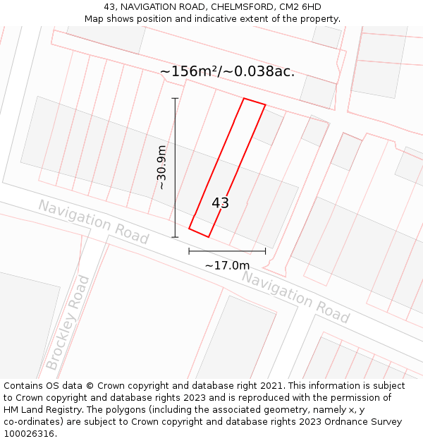 43, NAVIGATION ROAD, CHELMSFORD, CM2 6HD: Plot and title map