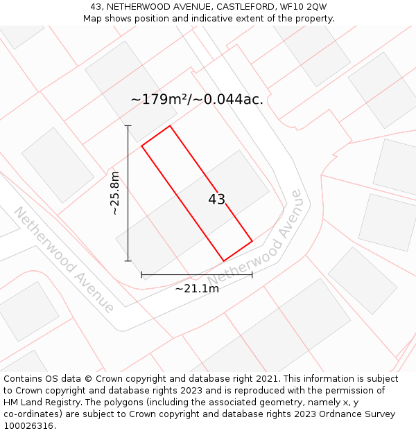 43, NETHERWOOD AVENUE, CASTLEFORD, WF10 2QW: Plot and title map