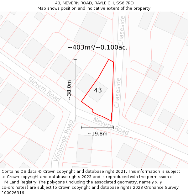 43, NEVERN ROAD, RAYLEIGH, SS6 7PD: Plot and title map