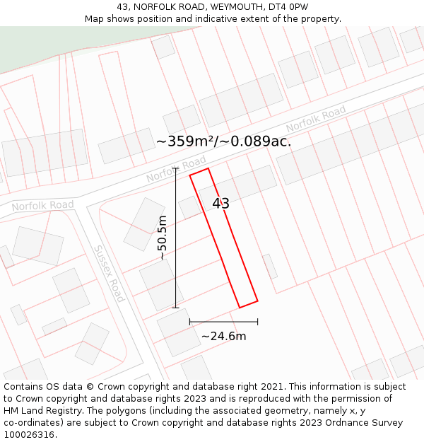 43, NORFOLK ROAD, WEYMOUTH, DT4 0PW: Plot and title map