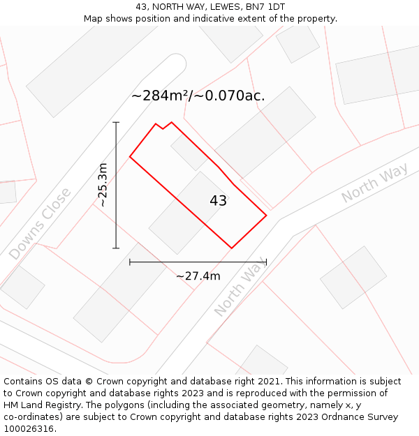 43, NORTH WAY, LEWES, BN7 1DT: Plot and title map