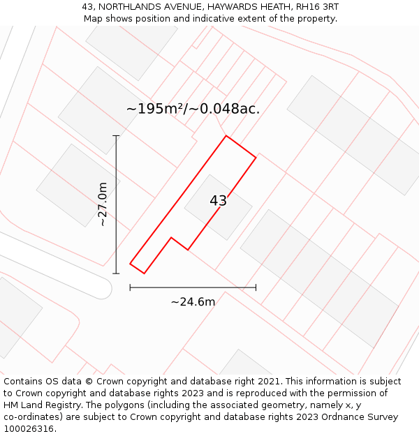 43, NORTHLANDS AVENUE, HAYWARDS HEATH, RH16 3RT: Plot and title map