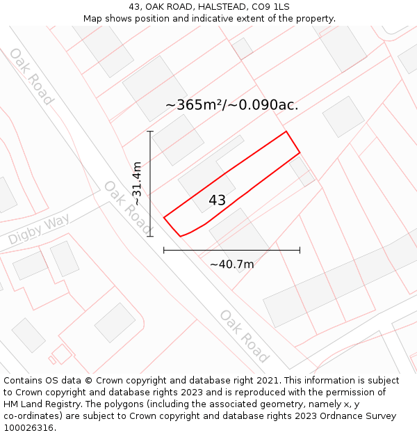 43, OAK ROAD, HALSTEAD, CO9 1LS: Plot and title map