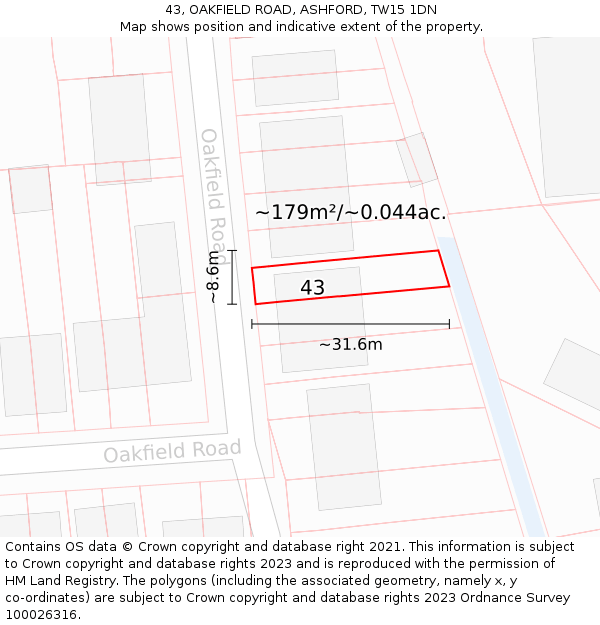 43, OAKFIELD ROAD, ASHFORD, TW15 1DN: Plot and title map