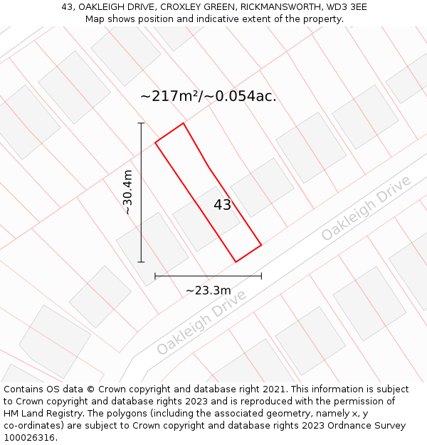 43, OAKLEIGH DRIVE, CROXLEY GREEN, RICKMANSWORTH, WD3 3EE: Plot and title map