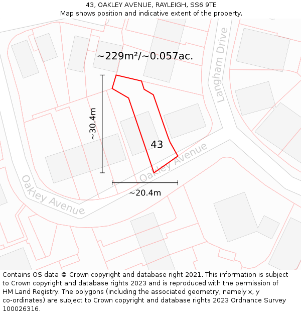 43, OAKLEY AVENUE, RAYLEIGH, SS6 9TE: Plot and title map