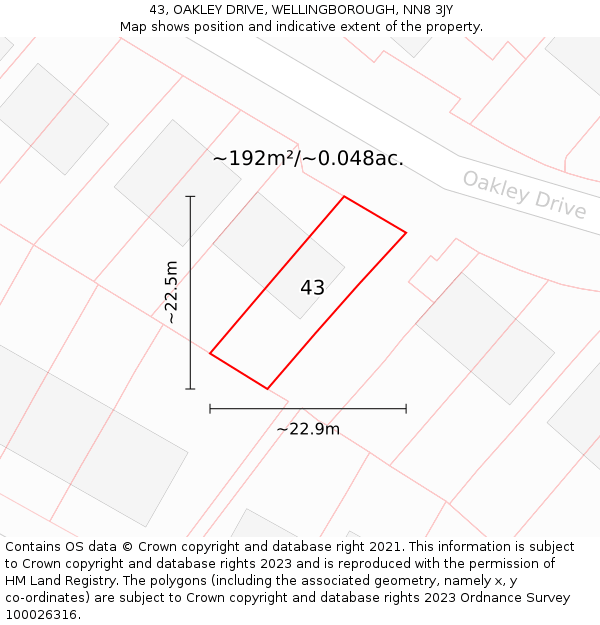 43, OAKLEY DRIVE, WELLINGBOROUGH, NN8 3JY: Plot and title map