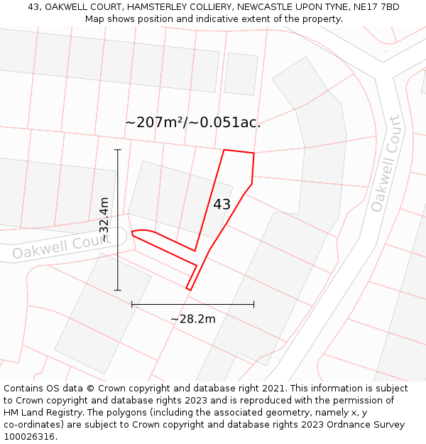 43, OAKWELL COURT, HAMSTERLEY COLLIERY, NEWCASTLE UPON TYNE, NE17 7BD: Plot and title map