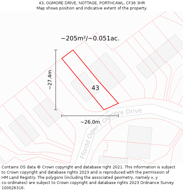 43, OGMORE DRIVE, NOTTAGE, PORTHCAWL, CF36 3HR: Plot and title map