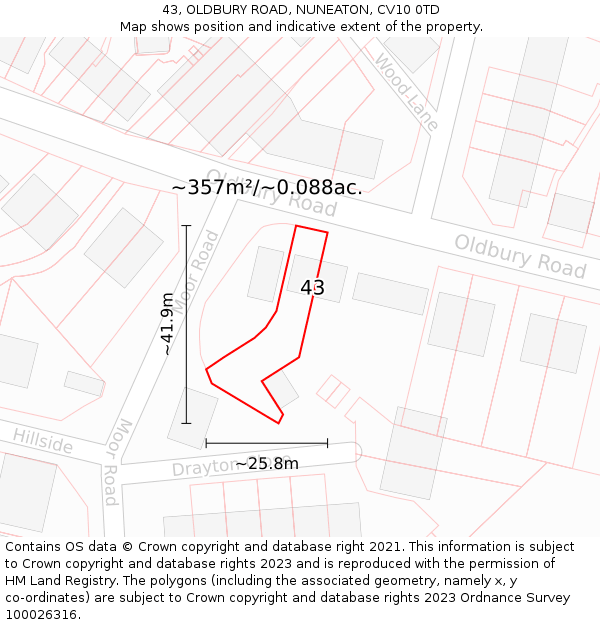 43, OLDBURY ROAD, NUNEATON, CV10 0TD: Plot and title map