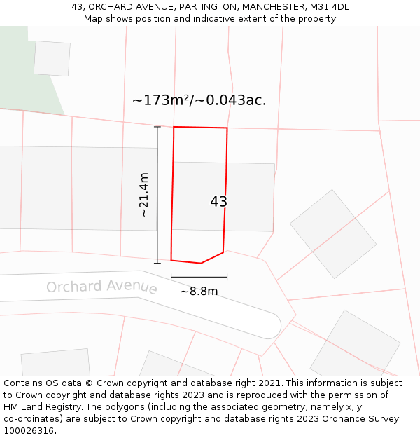 43, ORCHARD AVENUE, PARTINGTON, MANCHESTER, M31 4DL: Plot and title map