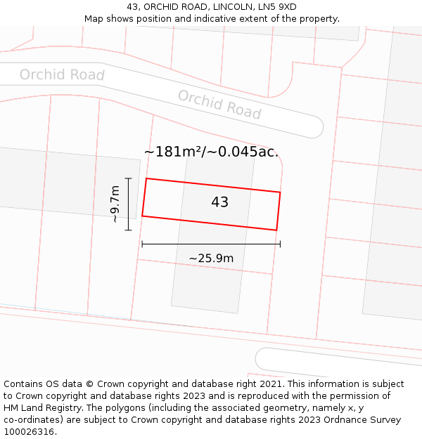 43, ORCHID ROAD, LINCOLN, LN5 9XD: Plot and title map