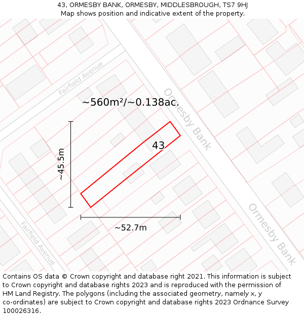 43, ORMESBY BANK, ORMESBY, MIDDLESBROUGH, TS7 9HJ: Plot and title map