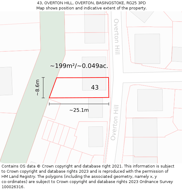 43, OVERTON HILL, OVERTON, BASINGSTOKE, RG25 3PD: Plot and title map