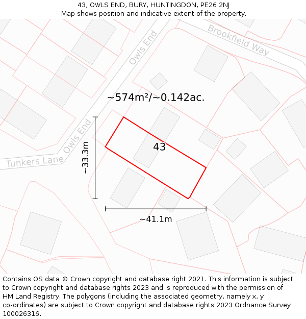 43, OWLS END, BURY, HUNTINGDON, PE26 2NJ: Plot and title map