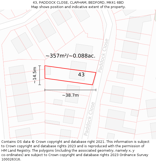 43, PADDOCK CLOSE, CLAPHAM, BEDFORD, MK41 6BD: Plot and title map