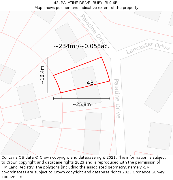 43, PALATINE DRIVE, BURY, BL9 6RL: Plot and title map