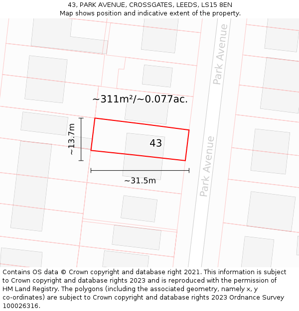 43, PARK AVENUE, CROSSGATES, LEEDS, LS15 8EN: Plot and title map