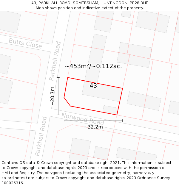 43, PARKHALL ROAD, SOMERSHAM, HUNTINGDON, PE28 3HE: Plot and title map