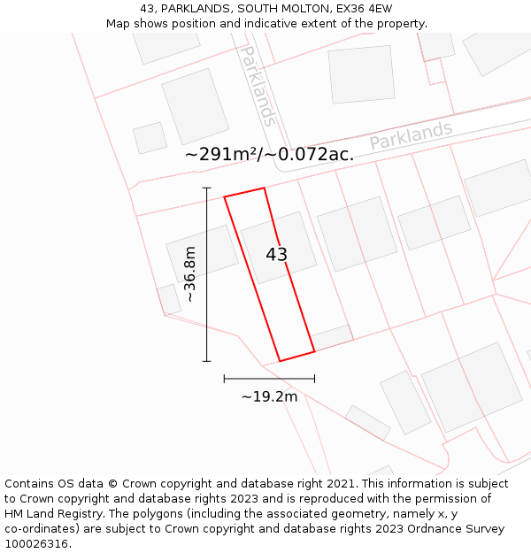 43, PARKLANDS, SOUTH MOLTON, EX36 4EW: Plot and title map