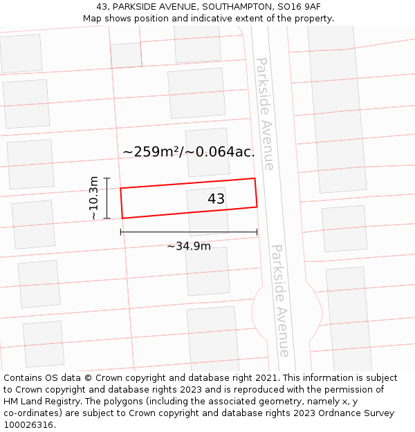 43, PARKSIDE AVENUE, SOUTHAMPTON, SO16 9AF: Plot and title map