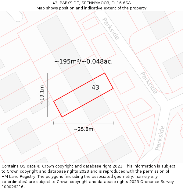 43, PARKSIDE, SPENNYMOOR, DL16 6SA: Plot and title map