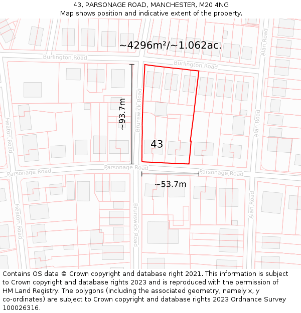 43, PARSONAGE ROAD, MANCHESTER, M20 4NG: Plot and title map