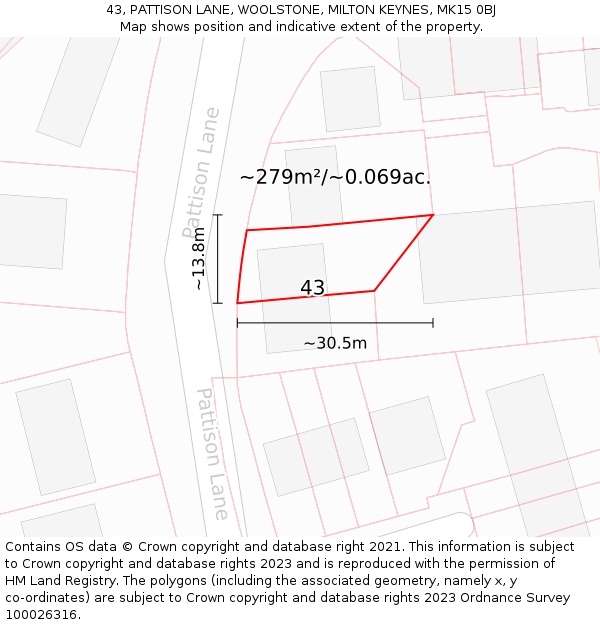 43, PATTISON LANE, WOOLSTONE, MILTON KEYNES, MK15 0BJ: Plot and title map