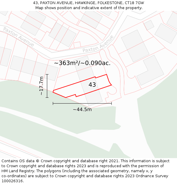 43, PAXTON AVENUE, HAWKINGE, FOLKESTONE, CT18 7GW: Plot and title map