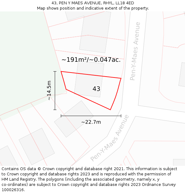 43, PEN Y MAES AVENUE, RHYL, LL18 4ED: Plot and title map