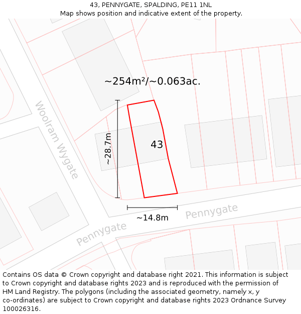 43, PENNYGATE, SPALDING, PE11 1NL: Plot and title map