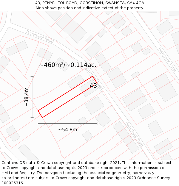 43, PENYRHEOL ROAD, GORSEINON, SWANSEA, SA4 4GA: Plot and title map