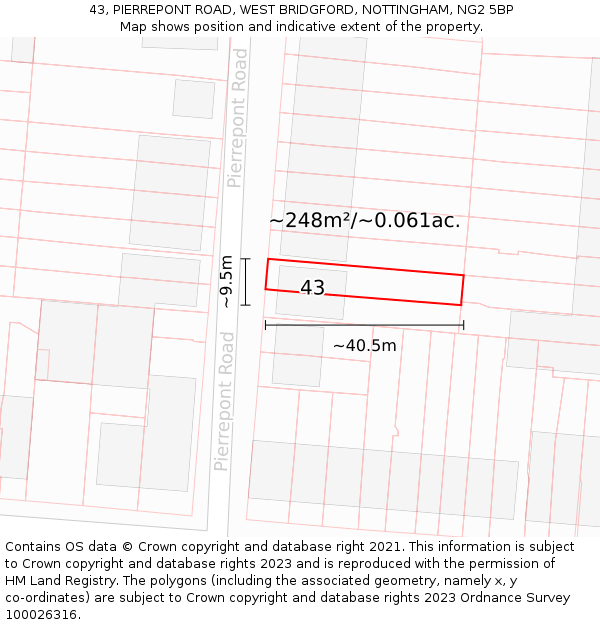 43, PIERREPONT ROAD, WEST BRIDGFORD, NOTTINGHAM, NG2 5BP: Plot and title map