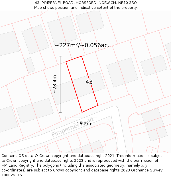 43, PIMPERNEL ROAD, HORSFORD, NORWICH, NR10 3SQ: Plot and title map