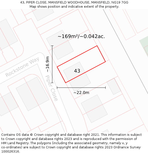 43, PIPER CLOSE, MANSFIELD WOODHOUSE, MANSFIELD, NG19 7GG: Plot and title map