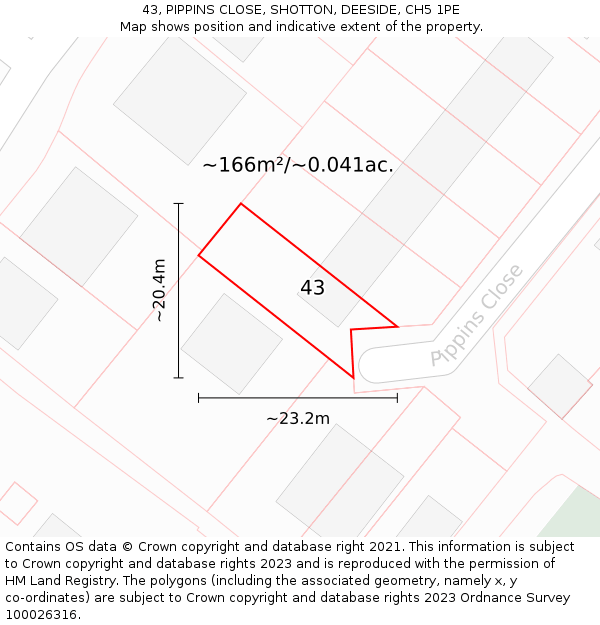 43, PIPPINS CLOSE, SHOTTON, DEESIDE, CH5 1PE: Plot and title map