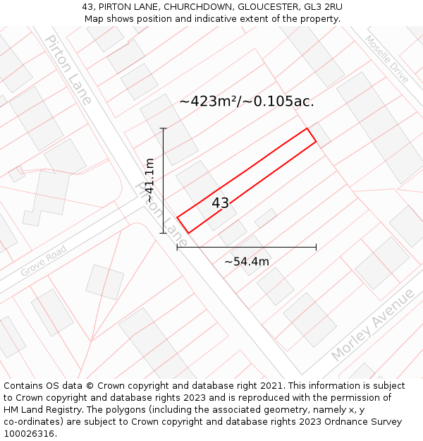 43, PIRTON LANE, CHURCHDOWN, GLOUCESTER, GL3 2RU: Plot and title map