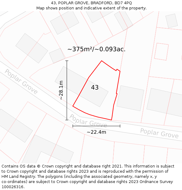 43, POPLAR GROVE, BRADFORD, BD7 4PQ: Plot and title map