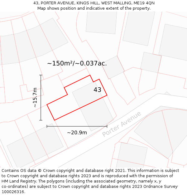 43, PORTER AVENUE, KINGS HILL, WEST MALLING, ME19 4QN: Plot and title map