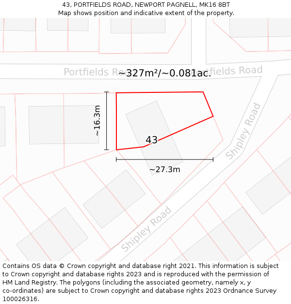 43, PORTFIELDS ROAD, NEWPORT PAGNELL, MK16 8BT: Plot and title map