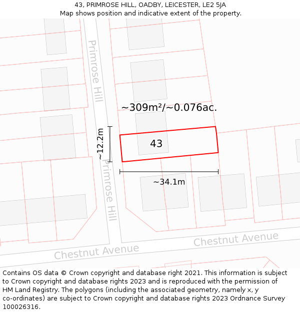 43, PRIMROSE HILL, OADBY, LEICESTER, LE2 5JA: Plot and title map