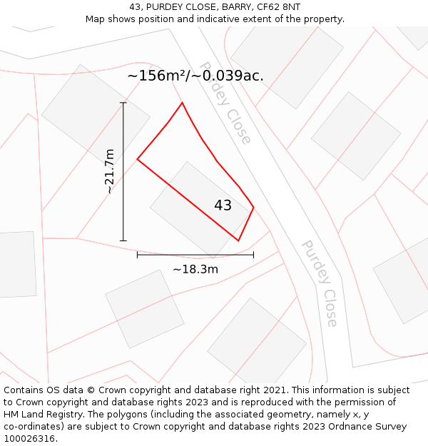 43, PURDEY CLOSE, BARRY, CF62 8NT: Plot and title map