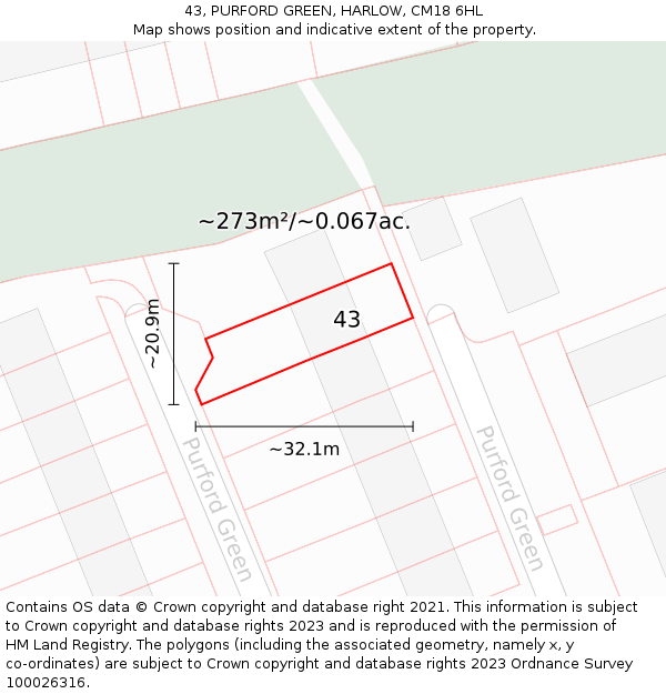 43, PURFORD GREEN, HARLOW, CM18 6HL: Plot and title map