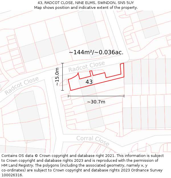 43, RADCOT CLOSE, NINE ELMS, SWINDON, SN5 5UY: Plot and title map