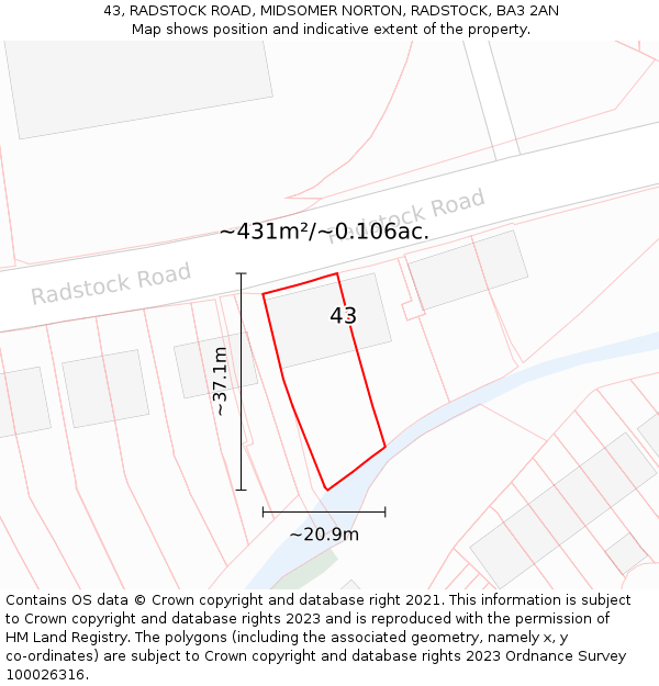 43, RADSTOCK ROAD, MIDSOMER NORTON, RADSTOCK, BA3 2AN: Plot and title map