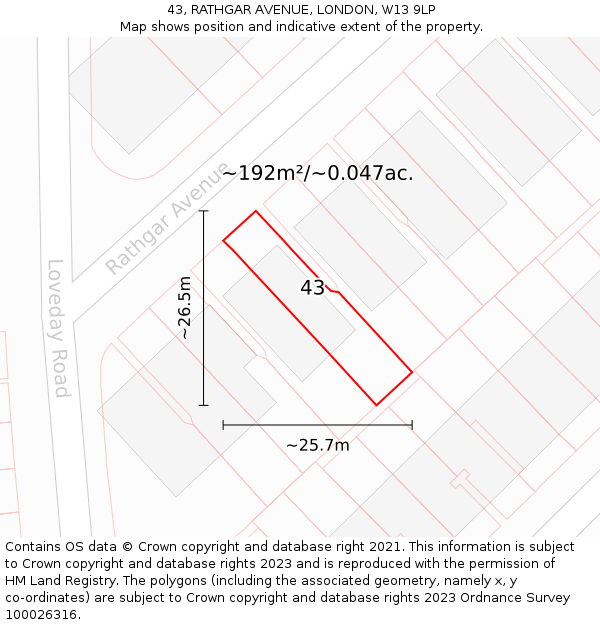 43, RATHGAR AVENUE, LONDON, W13 9LP: Plot and title map