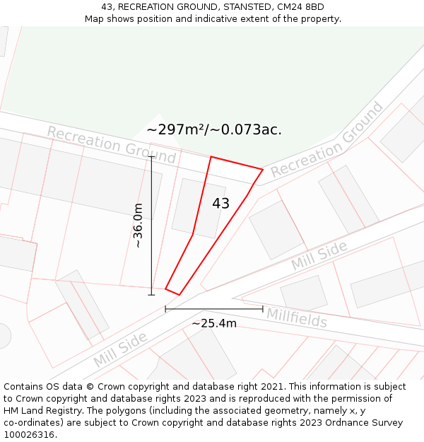 43, RECREATION GROUND, STANSTED, CM24 8BD: Plot and title map